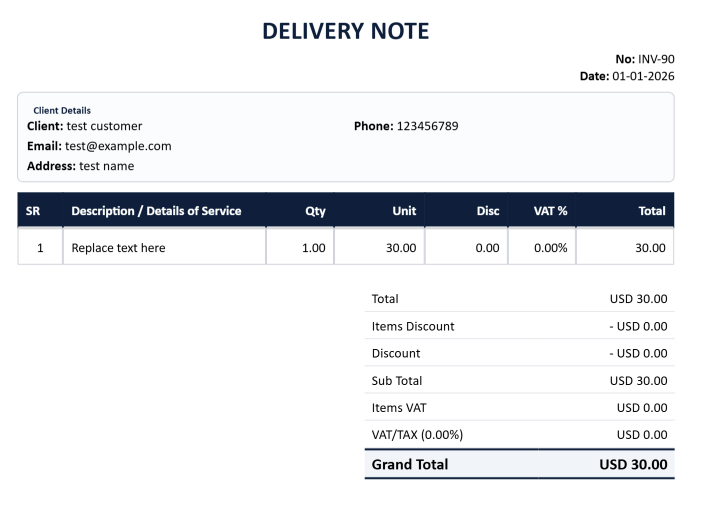 Delivery note layout guide showing logo, customer data, item table, total, stamp, and signature areas