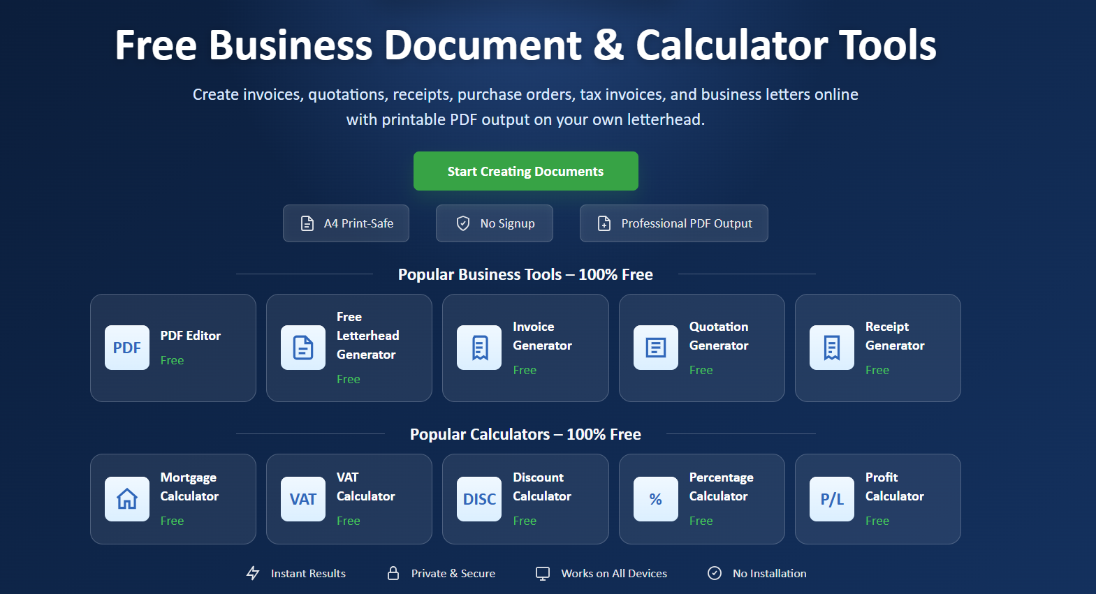 EZBZTools business tools overview showing documents, letterhead, and calculators
