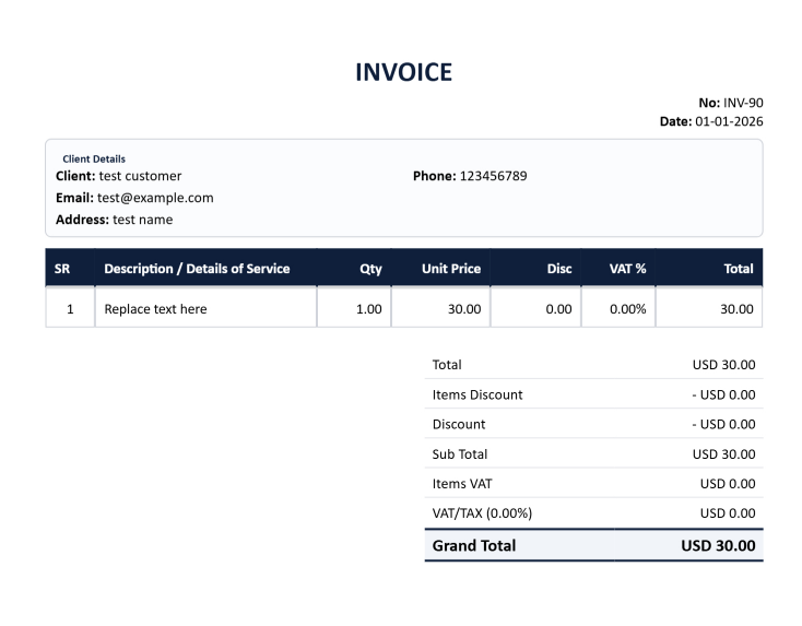 Draft invoice layout guide showing logo, customer data, item table, total, stamp, and signature areas