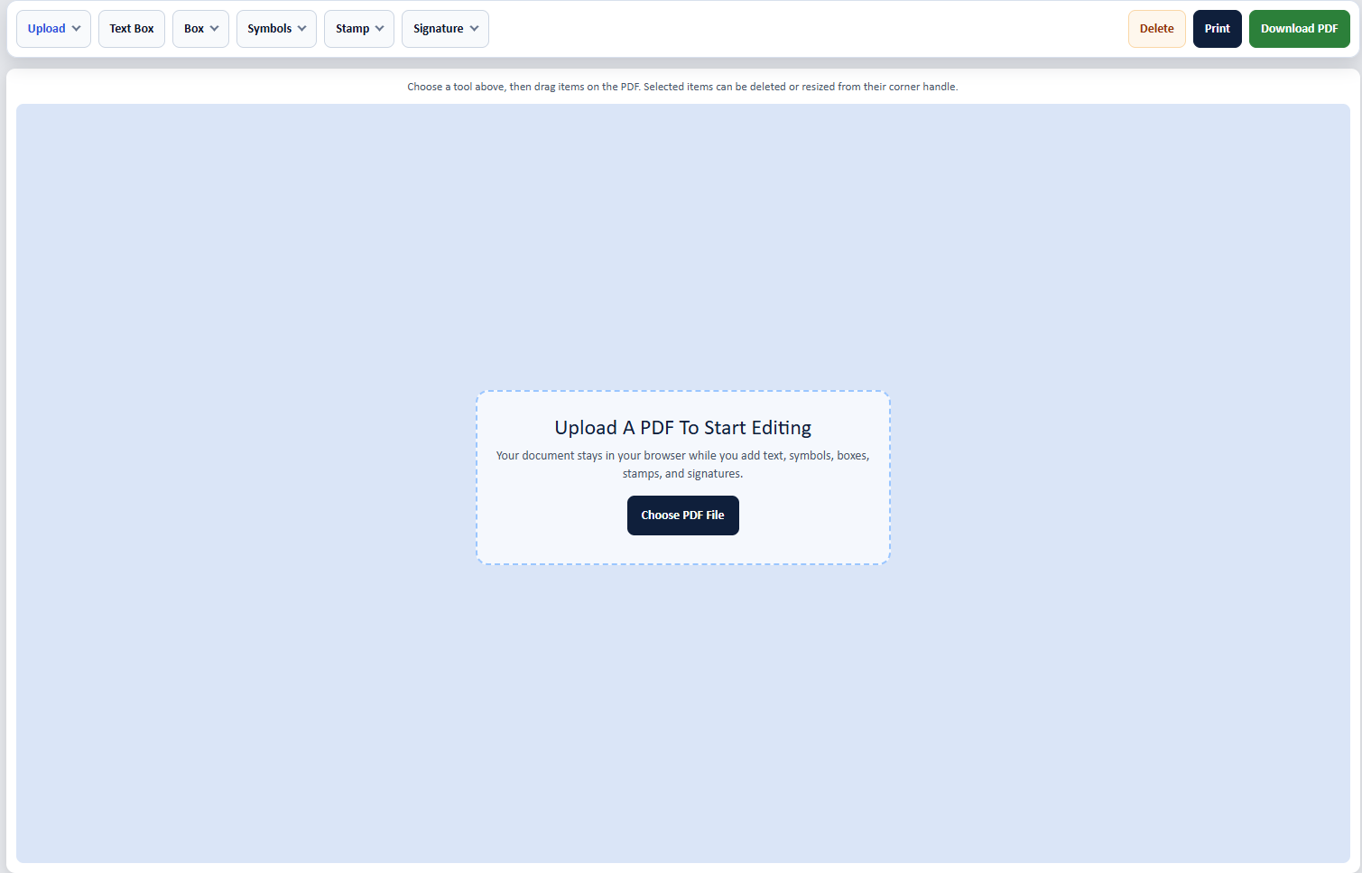 PDF editor guide showing upload tools, text, whiteout, stamp, and signature areas