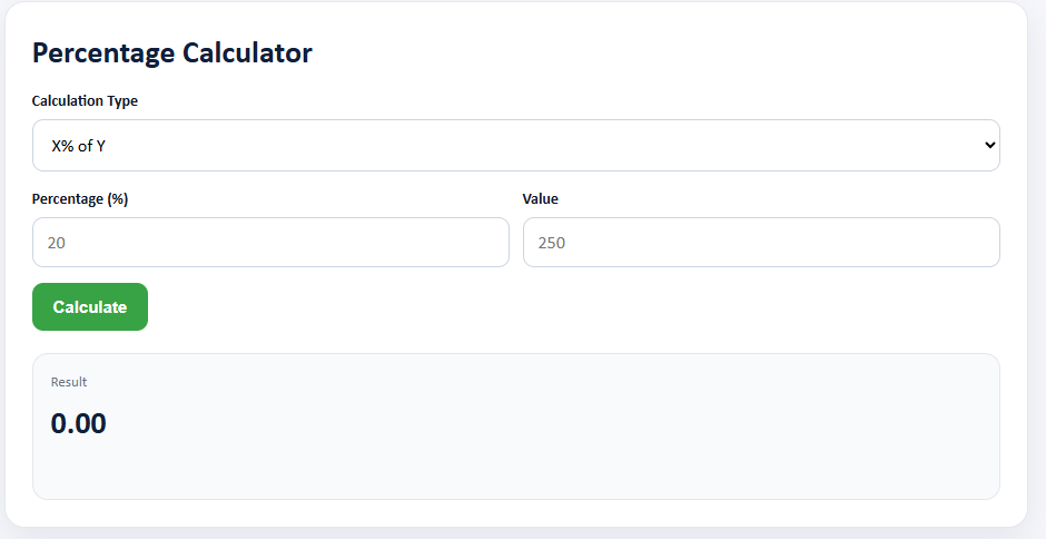 Percentage calculator guide showing calculator input and result areas
