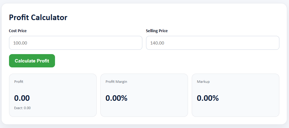 Profit calculator guide showing calculator input and result areas