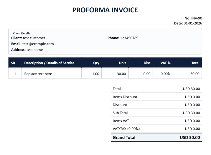 Proforma invoice layout guide showing logo, customer data, item table, total, stamp, and signature areas