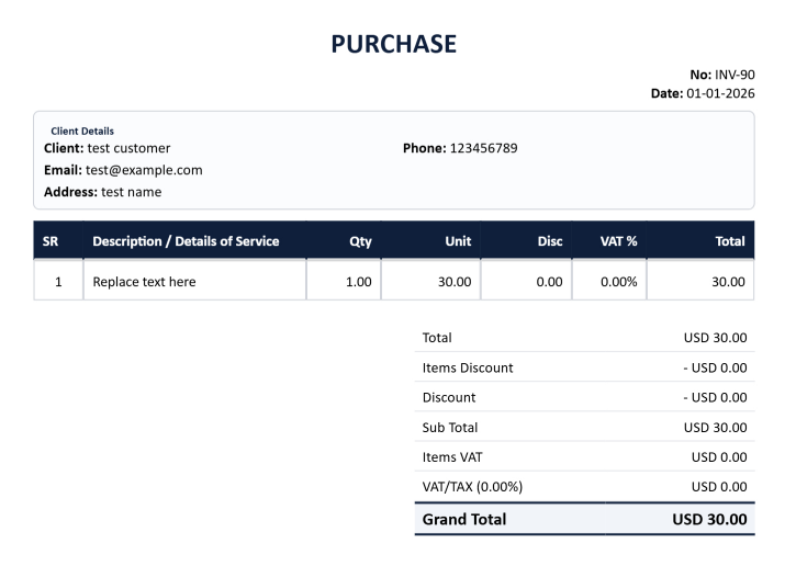 Purchase order layout guide showing logo, customer data, item table, total, stamp, and signature areas