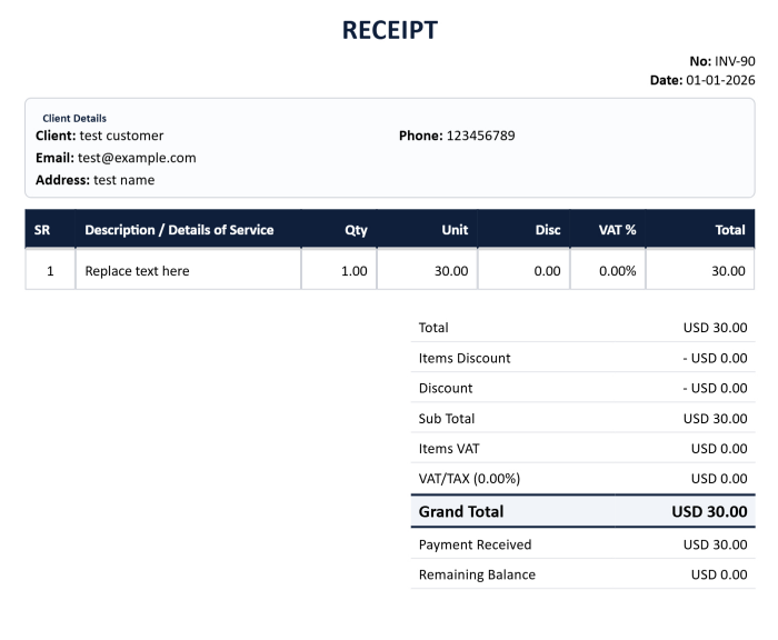 Receipt layout guide showing logo, customer data, item table, total, stamp, and signature areas